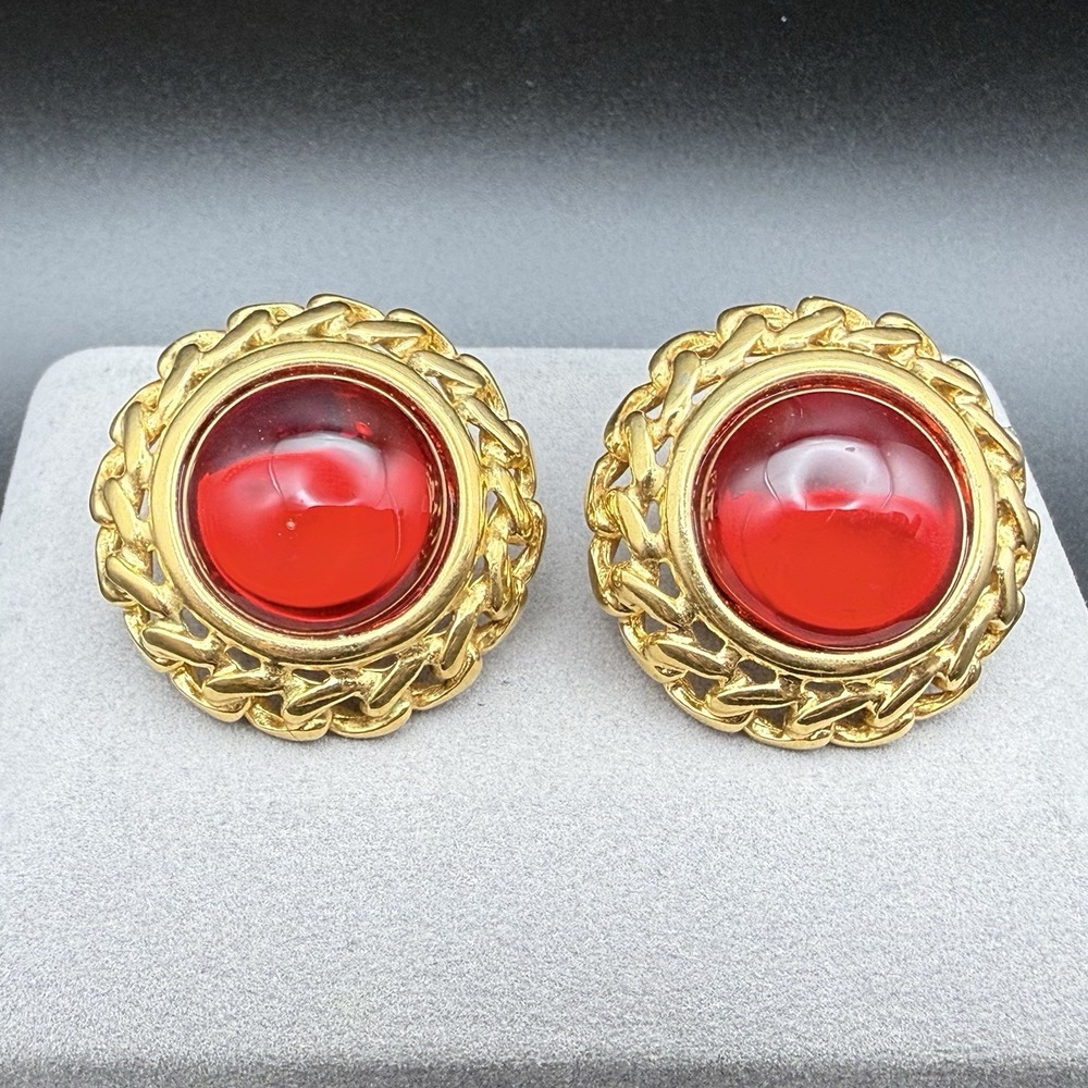 Vintage Napier Red Glass Cabochon Clip On Earrings Classic Gold Tone Statement